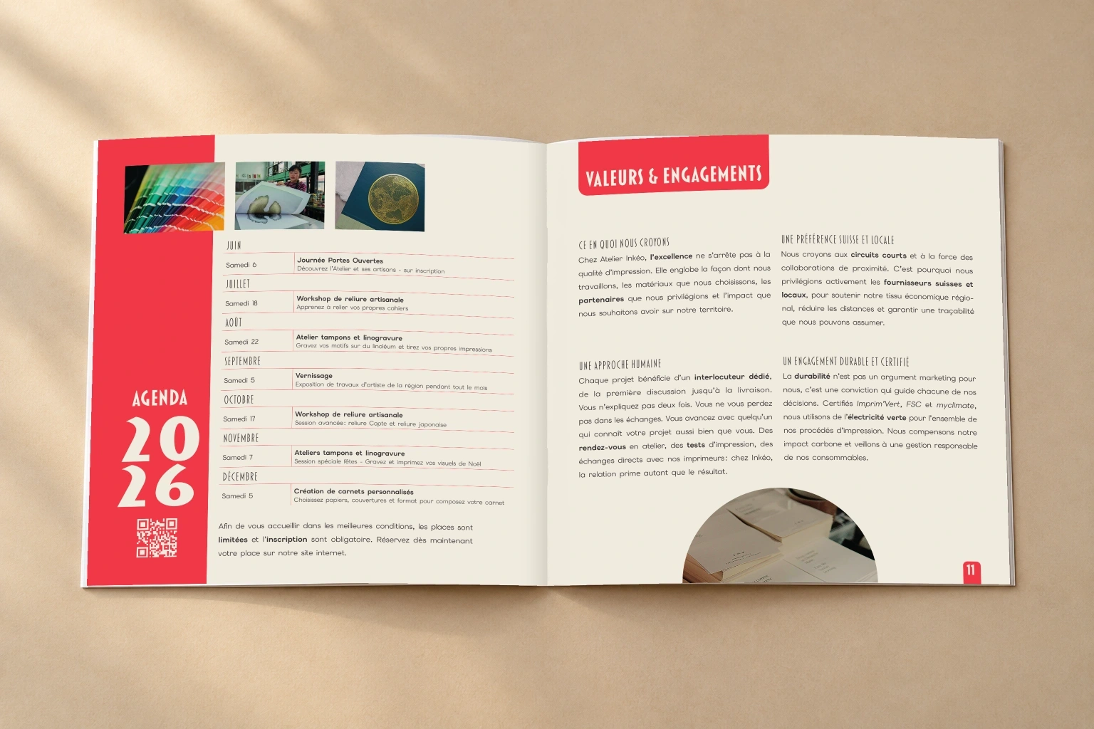 Double page du catalogue Atelier Inkéo : agenda et valeurs, avec des repères rouges.
