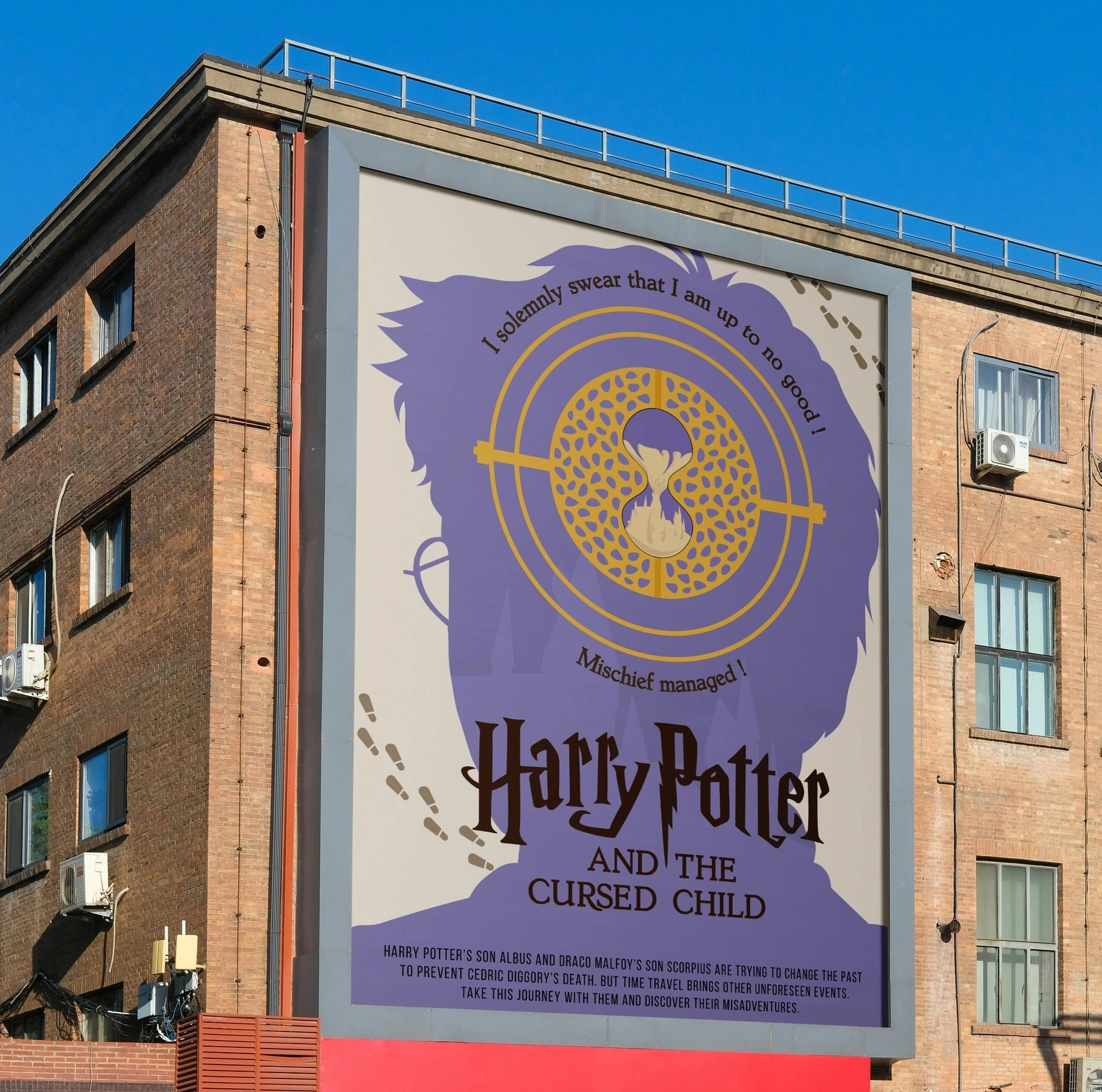 Affiche Harry Potter and the Cursed Child présentée sur la façade d’un bâtiment.