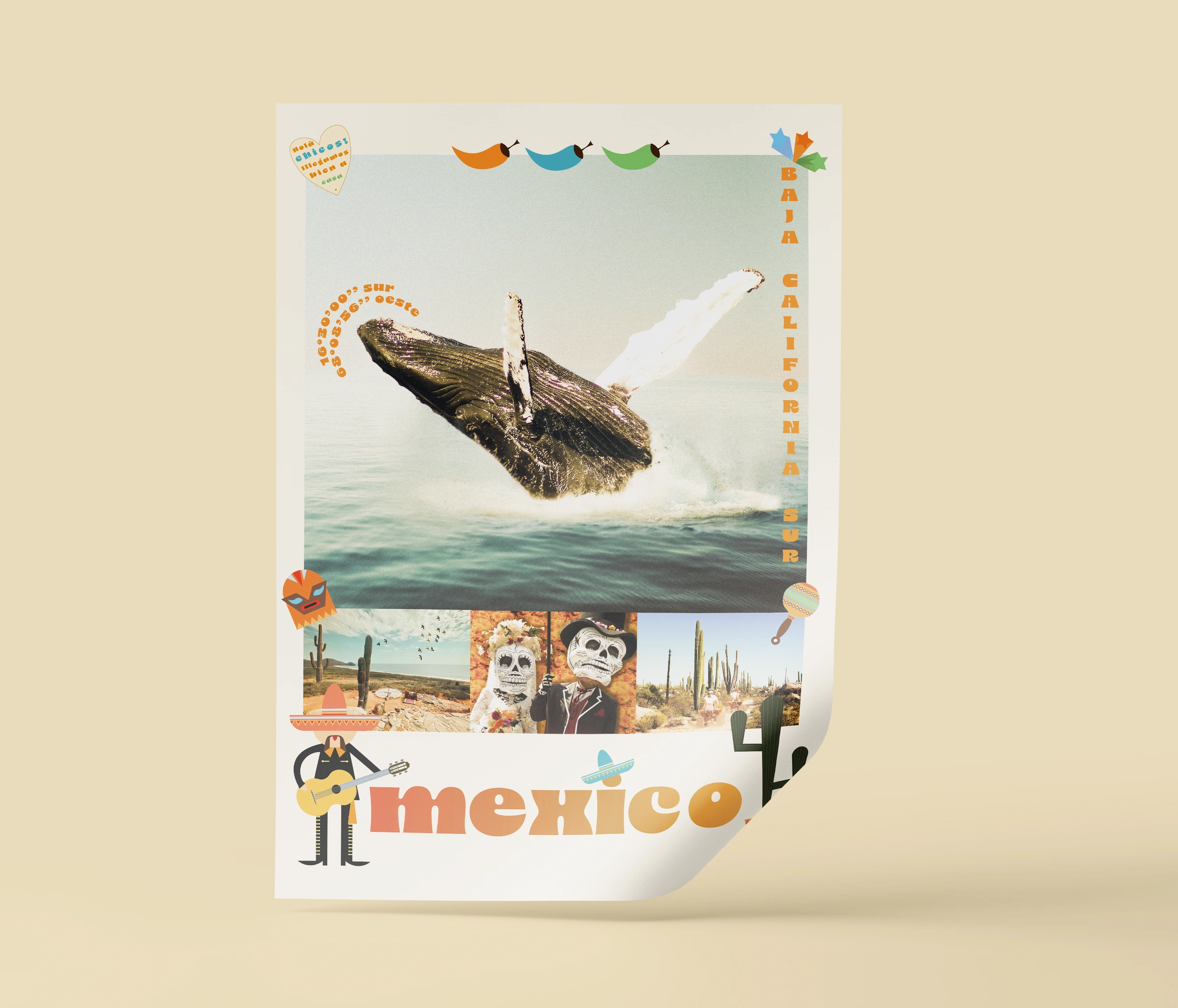 Affiche illustrée du Mexique présentée en mise en situation.