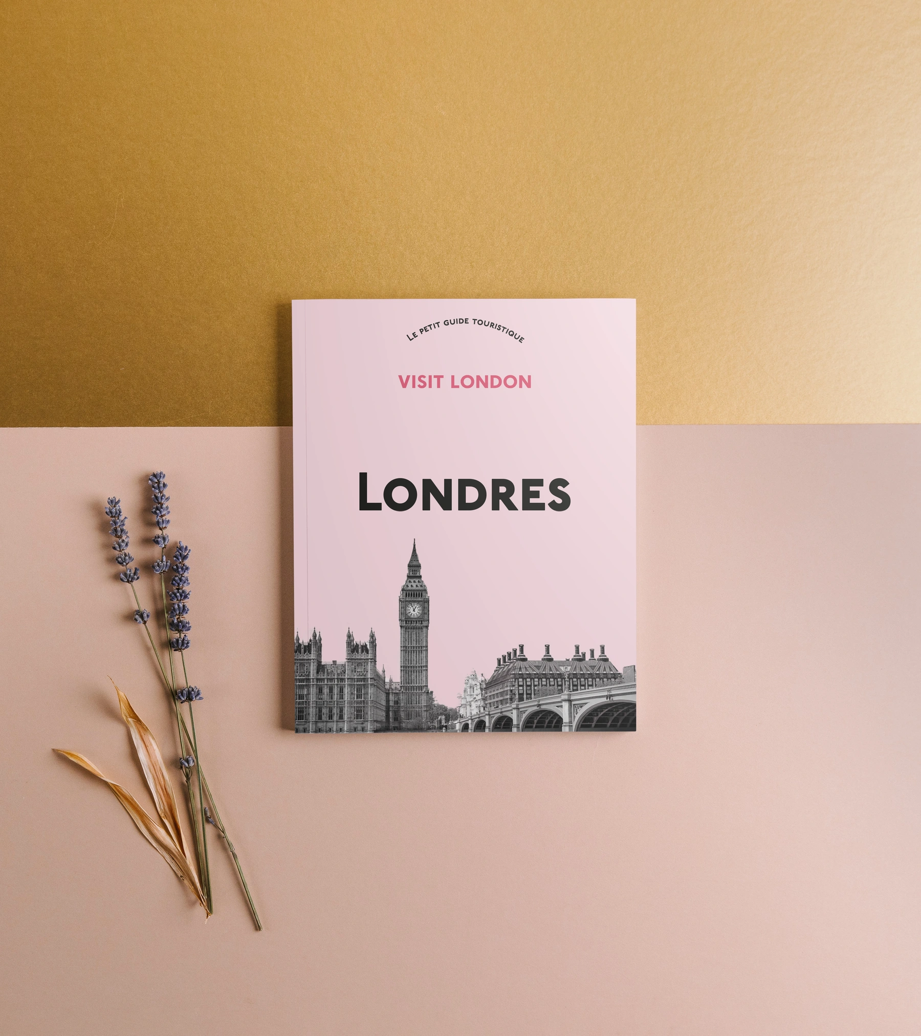 Brochure Visit London à couverture rose, présentée sur un fond doré et rose.